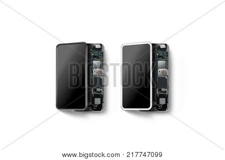 New modern smart phones with opened shell isolated chip motherboard processor cpu and details 3d rendering. Smartphone inside. Cellphone chipset constitution. Telephone scecification disassembled