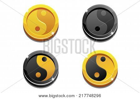 Illustration cartoon coins golden Yin Yang on white background