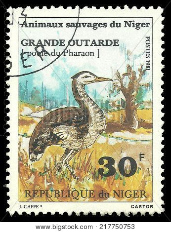 Niger - stamp printed 1981 Multicolor Edition of offset printing with Topic Fauna Series Wildlife White bellied Bustard Eupodotis senegalensis