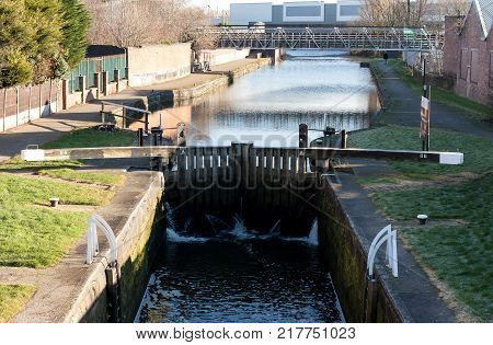 The view down to the locks on the Leeds Liverpool canal in Wigan