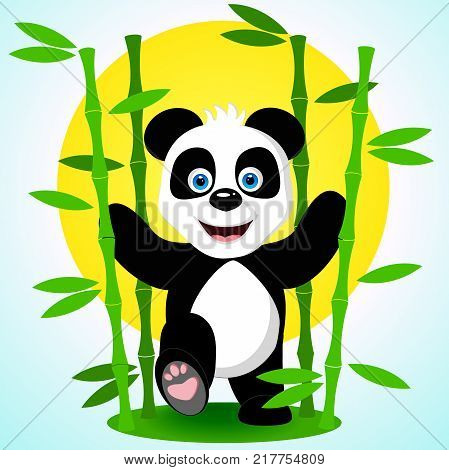 A cute happy panda bear smiles broadly striding among the bamboo branches against the background of the yellow sun and the blue sky. Vector illustration.