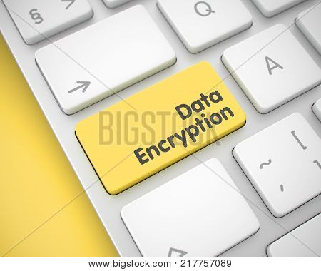 White Keyboard Keypad Showing the Message Data Encryption. Message on Keyboard Yellow Keypad. Online Service Concept: Data Encryption on the Modern Keyboard lying on the Yellow Background. 3D Render.