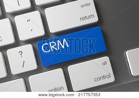 CRM Concept Slim Aluminum Keyboard with CRM on Blue Enter Keypad Background, Selected Focus. 3D Illustration.