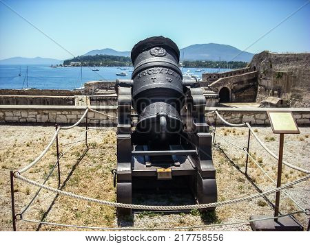 year 1684 old mortar medieval mortar in the Old Fortress of Corfu Town Greece.