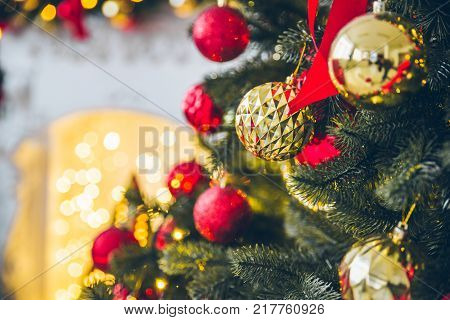 Christmas tree deciration close up with blurred background