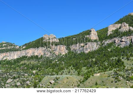 Tensleep Canyon in the Bighorn Mountains of Wyoming. The cliffs are composed of massive layers of limestone.