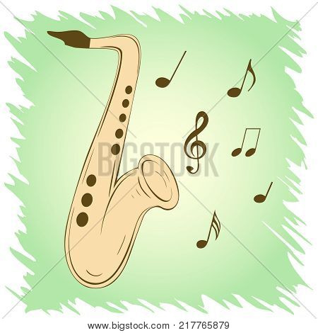 Stylish illustration of saxophone for slogan, poster,  flier or etc. Sax and musical notes on green background, can be used with any image or text. Vector. Square location.