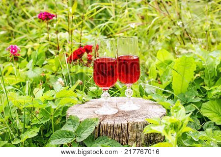 Two Glasses With Homemade Red Wine On Tree Stump In Summer Park.