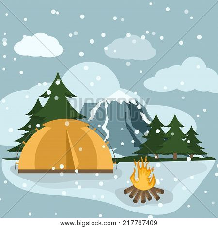 Camping winter hiking adventure tourist landscape with tent mountains nature hike flat design vector illustration. Mountaineering extreme activity expedition cold trekking.