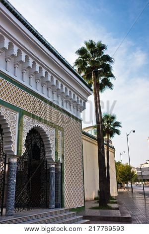 Architectural detail of Altajmootai Mosque surrounded by palm trees, Tajmoti in Fez, Morroco, Africa