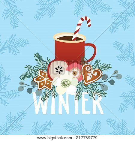 Christmas greeting card, winter invitation with red cup of hot drink. Cocoa or coffee decorated with candy cane stick, gingerbreadcookie, flowers and fir tree branches, vector illustration background.