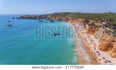 Aerial. Tourist beaches of the Portuguese city of Portimao. Shooted by drones Algarve