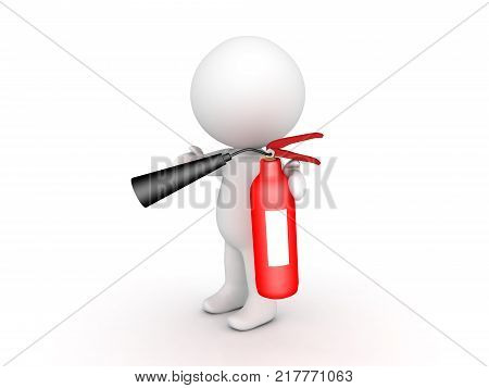 3D Character Using A Red Fire Extinguisher