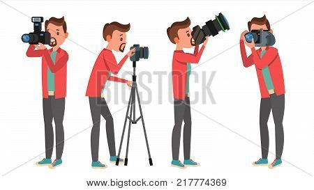 Photographer Vector. Photo Studio. Photographer Making Photos. Digital Camera And Professional Photo Equipment. Taking Pictures. Isolated On White Cartoon Character Illustration