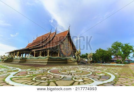 Beautiful Sirindhorn Wararam Phu Prao Temple ( Wat Phu Prao ) with rainbow Ubon Ratchathani province Thailand