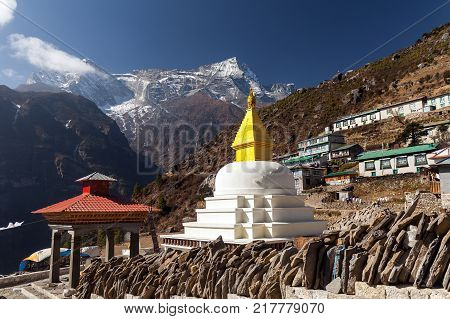 Panoramic view of Namche Bazaar, Everest trek, Himalaya, Nepal.