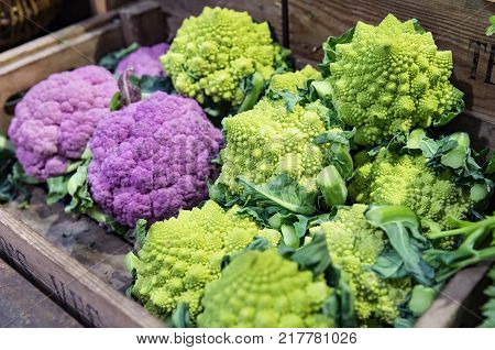 Purple cauliflower and Green Broccoflower at Market