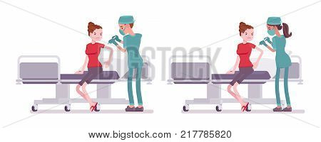 Male and female nurse at medical procedure. Young workers in hospital uniform doing injection. Medicine and healthcare concept. Vector flat style cartoon illustration isolated on white background