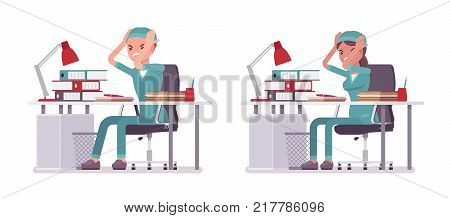 Male and female nurse at paperwork. Young workers in hospital uniform, exhausted with documents. Medicine and healthcare concept. Vector flat style cartoon illustration isolated on white background