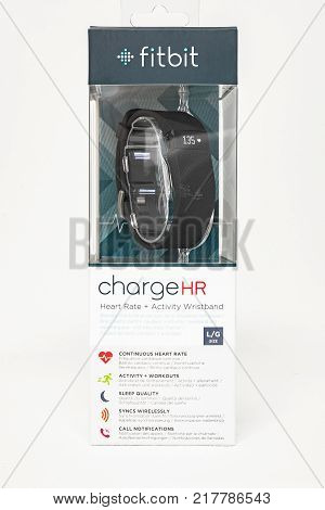 HELSINGBORG SWEDEN - MARCH 25 2016: An illustrative editorial image of the Fitbit Charge HR isolated against a white background.