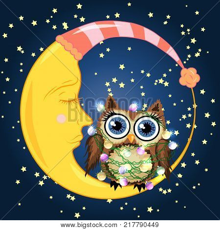 Cute cartoon brown owl tangled in garlands of light bulbs, mimicking the stars and the glow of the crescent moon sits on the slumbering against the night sky with stars