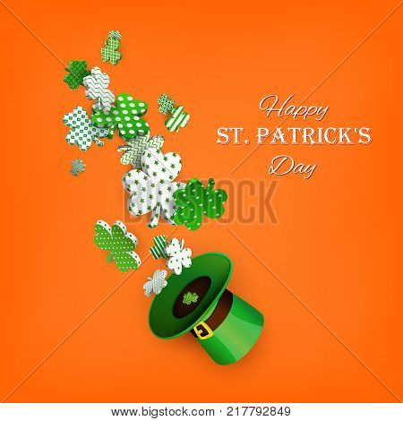 St. Patrick's Day. Traditional green leprechaun hat and 3d clover leaves with geometric patterns. Composition for festive design. Isolated on an orange background. Vector illustration