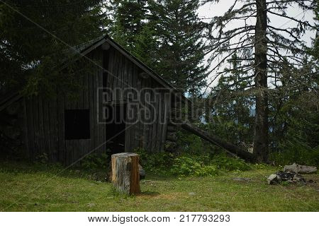 Old Wooden Mountain Hut Refuge For Hikers, Protect Against Bad Weather Conditions