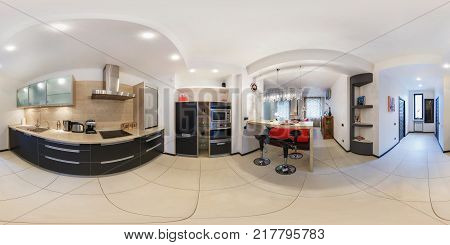MINSK BELARUS - MARCH 21 2014: Full spherical 360 degrees seamless panorama in equirectangular equidistant projection panorama in interior of modern kitchen VR content