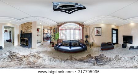MINSK BELARUS - MARCH 27 2014: Full spherical 360 degrees seamless panorama in equirectangular equidistant projection panorama in interior of guestroom hall in modern flat apartments VR content