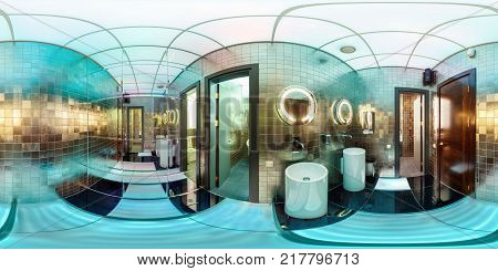 MINSK BELARUS - SEPTEMBER 11 2012: Full 360 degree panorama in equirectangular spherical projection in stylish restroom in neon color