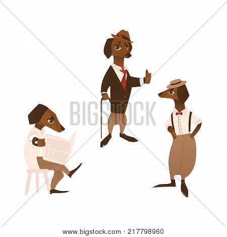 vector cartoon stylized humanized dog character in formal clothing set. Male animal reading newpaper another one standing with cane in hat, showing thumbs up and another puppy in pants with suspenders