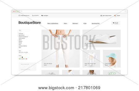 Blank browser window mock up with fashion web store template isolated, 3d illustration. Clothing web page interface mockup. Empty internet site template. Website screen layout for computer display.