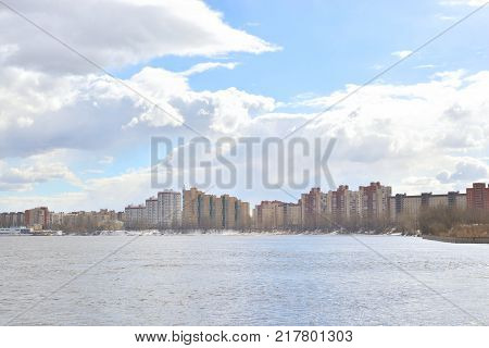 View of Neva river and microdistrict Ribatskoe on the outskirts of St. Petersburg Russia.