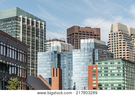 Beautiful Boston skyline with glas front buildings on a sunny day in Massachusetts USA