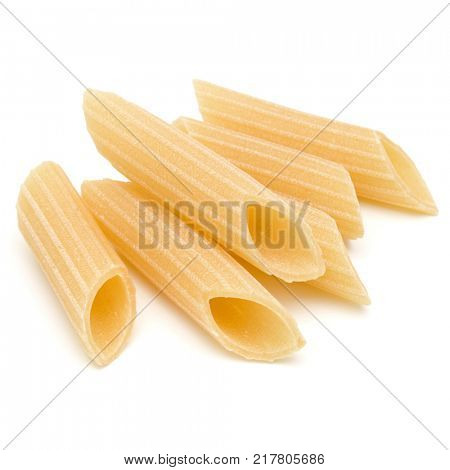 Italian pasta isolated on white background. Pennoni. Penne rigate.