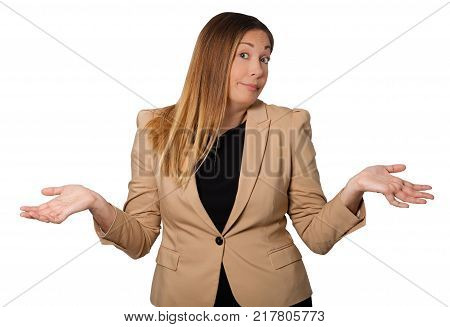 Beautiful businesswoman with open arms wide, in sign of incredulity, resignation, despair, innocence. Doubt face with raised eyebrows. Isolated on a white background.