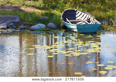 Old wooden rowboat painted in wethered green color tied up. Water lilys on the water
