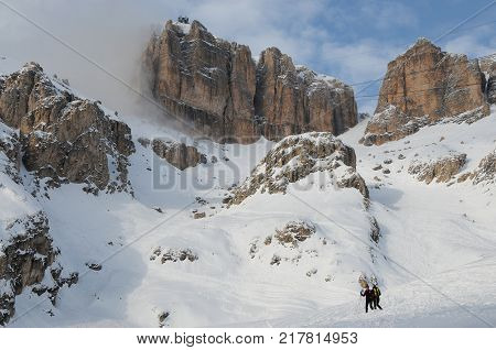 Sass Pordoi Group with snow in the Italian Dolomites, from Pass Pordoi. Italy.