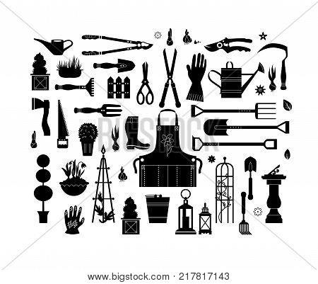 Vector set of gardening tools. Agriculture equipmen for design. Silhouettes of garden items and plants