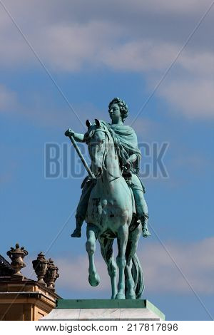 Statue of Frederick V by Jacques Franancis Joseph Saly at the centre of the Amalienborg Palace Square in Copenhagen Denmark