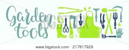 Vector set of gardening tools. Agriculture equipmen for design. Silhouettes of garden items and plants