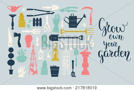 Vector set of gardening tools. Agriculture equipmen for design. Silhouettes of garden items and plants