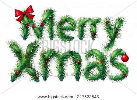 Merry xmas and Christmas text as a winter seasonal holiday symbol with lettering made out of ornaments and season decoratrions isolated on a white background.