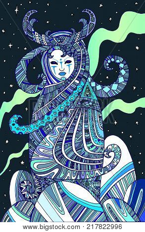 Colored page boho woman shaman, for children and adults. Vector hand drawn illustration doodle cartoon fairy tales graphic art . Mystic occult girl coloring book. Ancient goddess Keeper of the North.