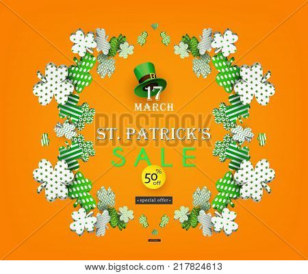 St. Patrick's Day Sale. Traditional green leprechaun hat and 3d clover leaves with geometric patterns. Composition for festive design. Isolated on an orange background. Vector illustration