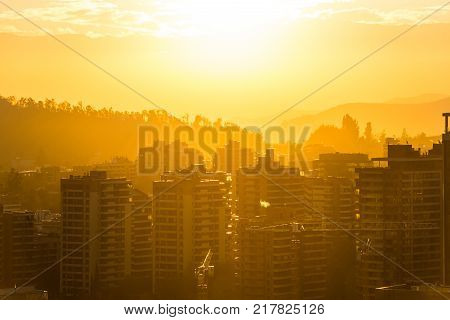 Skyline of buildings at a wealthy neighborhood in Las Condes district Santiago de Chile
