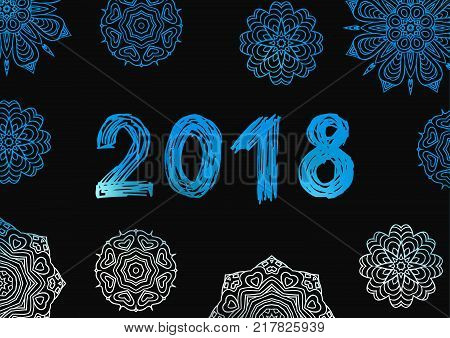 Hello 2018. New Year 2018. New Year's greeting card cover banner. Blue Snowflake