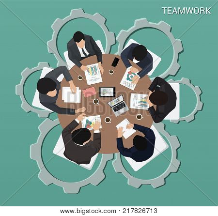 Business meeting of businessmen at an office desk Top view