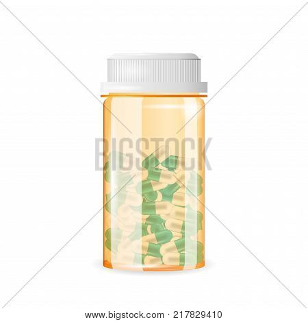 Closed pill bottle of capsule-shaped tablets. Realistic vector illustration. Tablets in a medicine, prescription, drug bottle isolated on the white background.