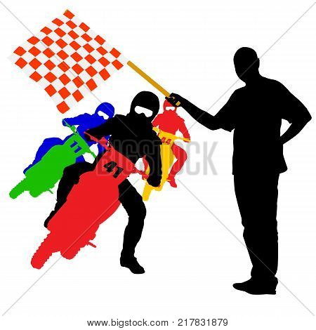 Man waving  checkered flag before the finish motorcyclist. Vector illustration.